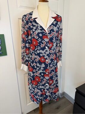 Vintage Sears Poppy Floral Shirt Dress Americana Red White Blue Cotton 70s